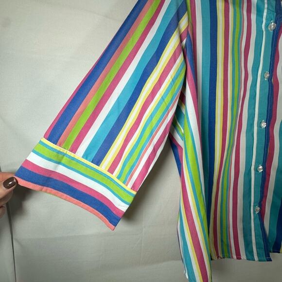 BLAIR Striped Button Down Shirt Top 3/4 Sleeve Womens Sz Large Colorful Rainbow - Picture 5 of 8